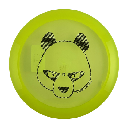 Innova Mamba disc golf distance driver in yellow and green Champion plastic with Pandamonium Big Panda stamp, view 1