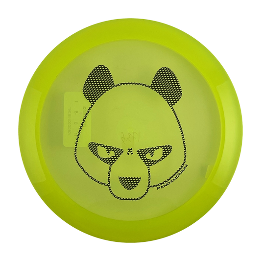 Innova Mamba disc golf distance driver in yellow and green Champion plastic with Pandamonium Big Panda stamp, view 1