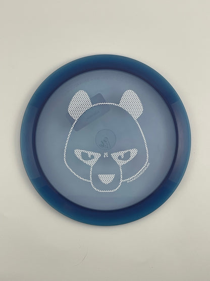 Innova Valkyrie disc golf fairway driver in clear and navy Champion plastic with Pandamonium Big Panda stamp