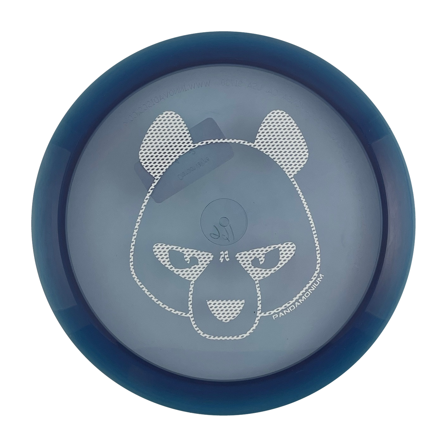 Innova Valkyrie disc golf fairway driver in clear and navy Champion plastic with Pandamonium Big Panda stamp, view 1