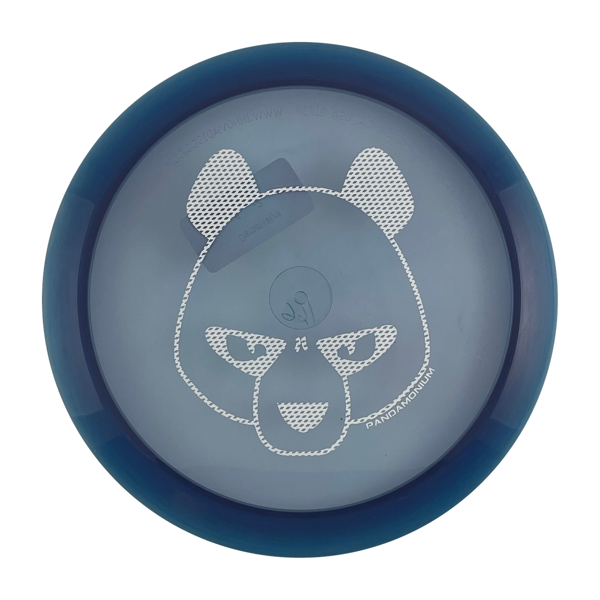 Innova Valkyrie disc golf fairway driver in clear and navy Champion plastic with Pandamonium Big Panda stamp, view 1