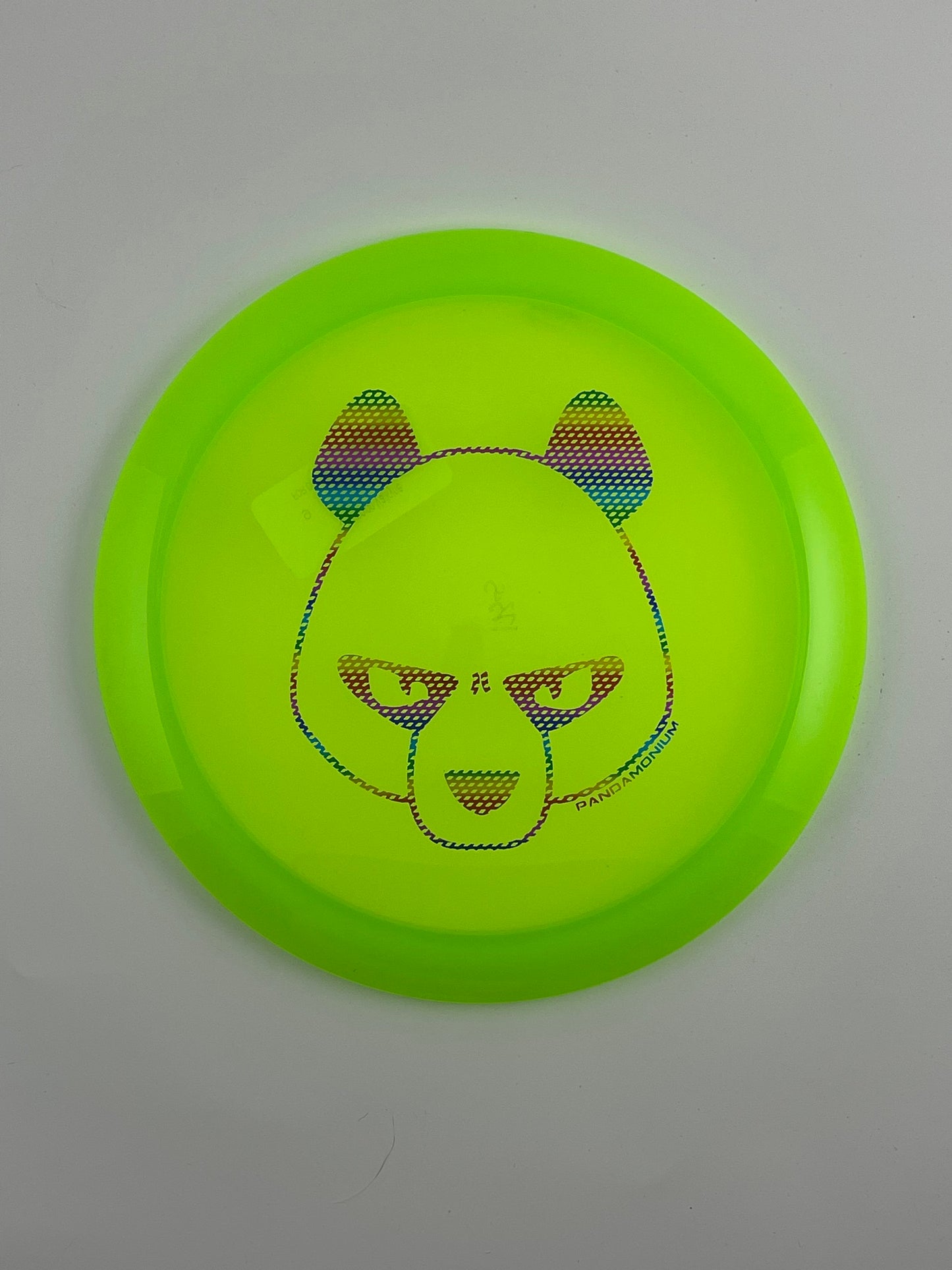 Innova Valkyrie disc golf fairway driver in lime and green Champion plastic with Pandamonium Big Panda stamp