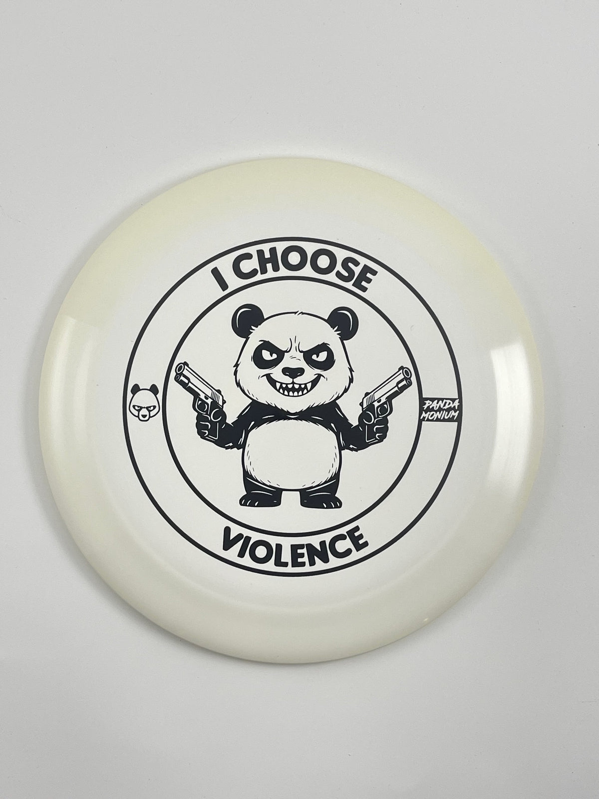Discraft Nuke disc golf distance driver in white ESP plastic with Pandamonium I Choose Violence stamp