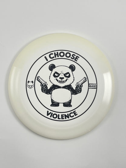 Discraft Nuke disc golf distance driver in white ESP plastic with Pandamonium I Choose Violence stamp