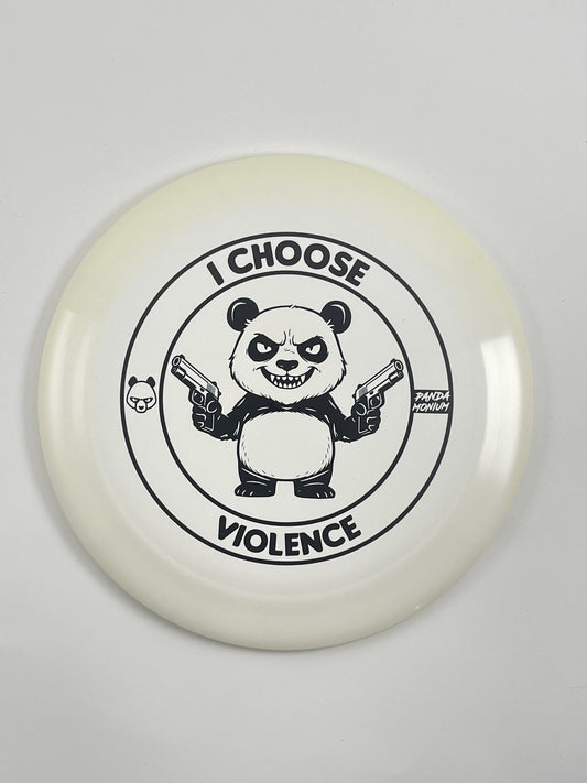 Discraft Nuke disc golf distance driver in white ESP plastic with Pandamonium I Choose Violence stamp