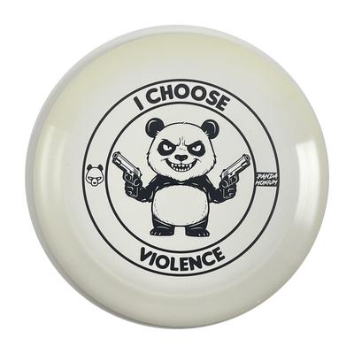 Discraft Nuke disc golf distance driver in white ESP plastic with Pandamonium I Choose Violence stamp, view 1