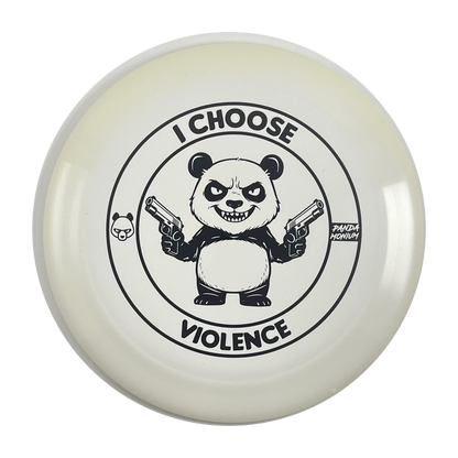 Discraft Nuke disc golf distance driver in white ESP plastic with Pandamonium I Choose Violence stamp, view 1