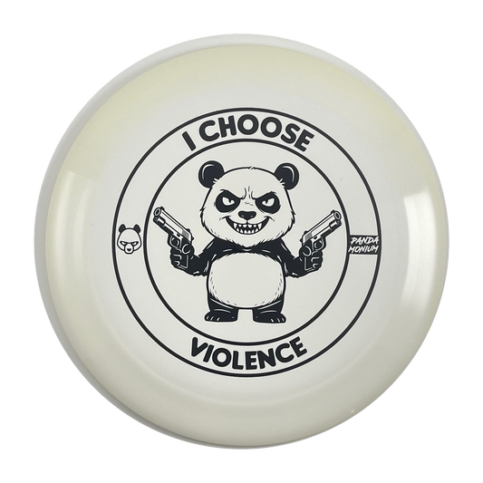 Discraft Nuke disc golf distance driver in white ESP plastic with Pandamonium I Choose Violence stamp, view 1