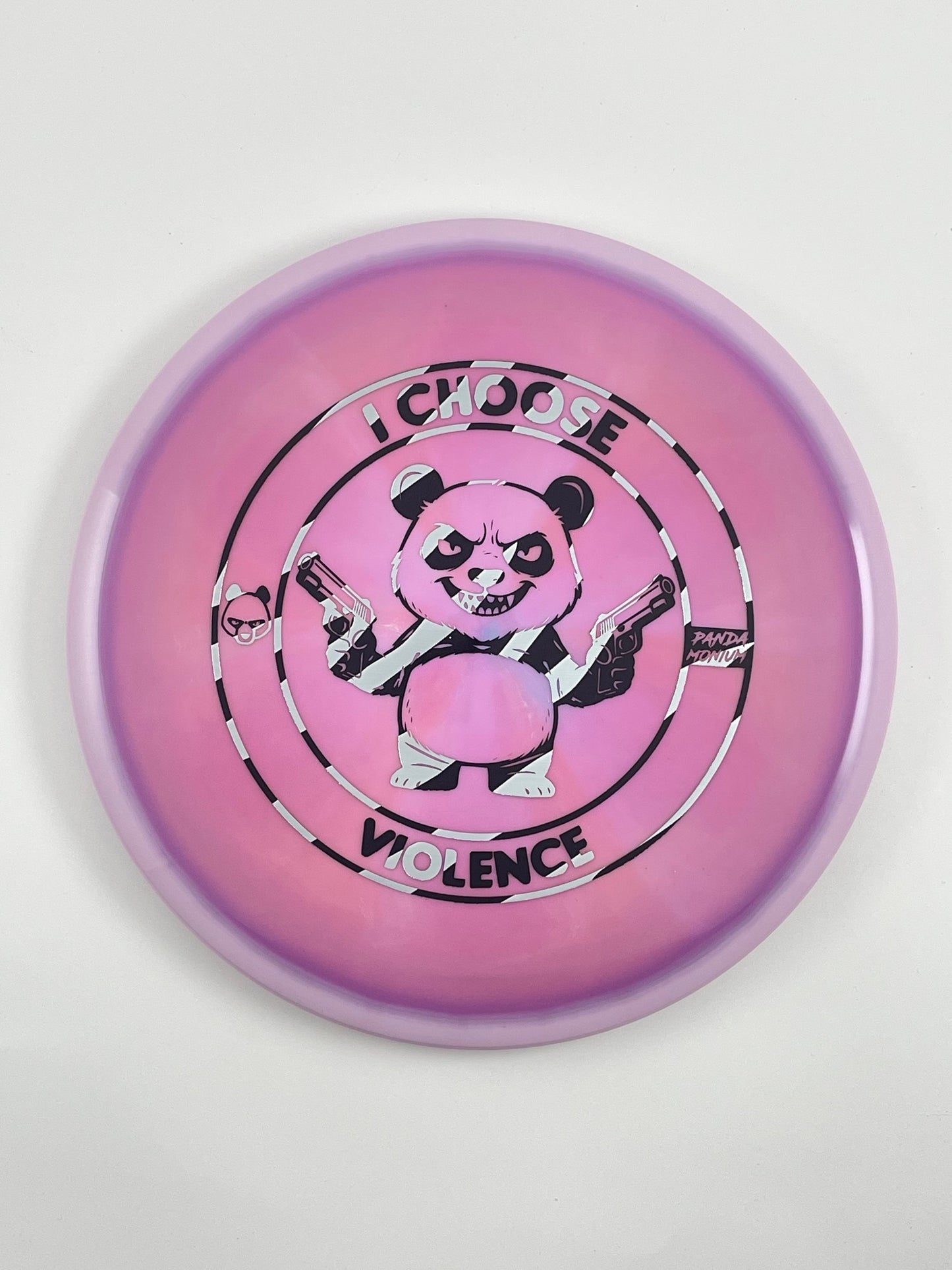 Discraft Buzzz disc golf midrange in dark pink ESP plastic with Pandamonium I Choose Violence stamp