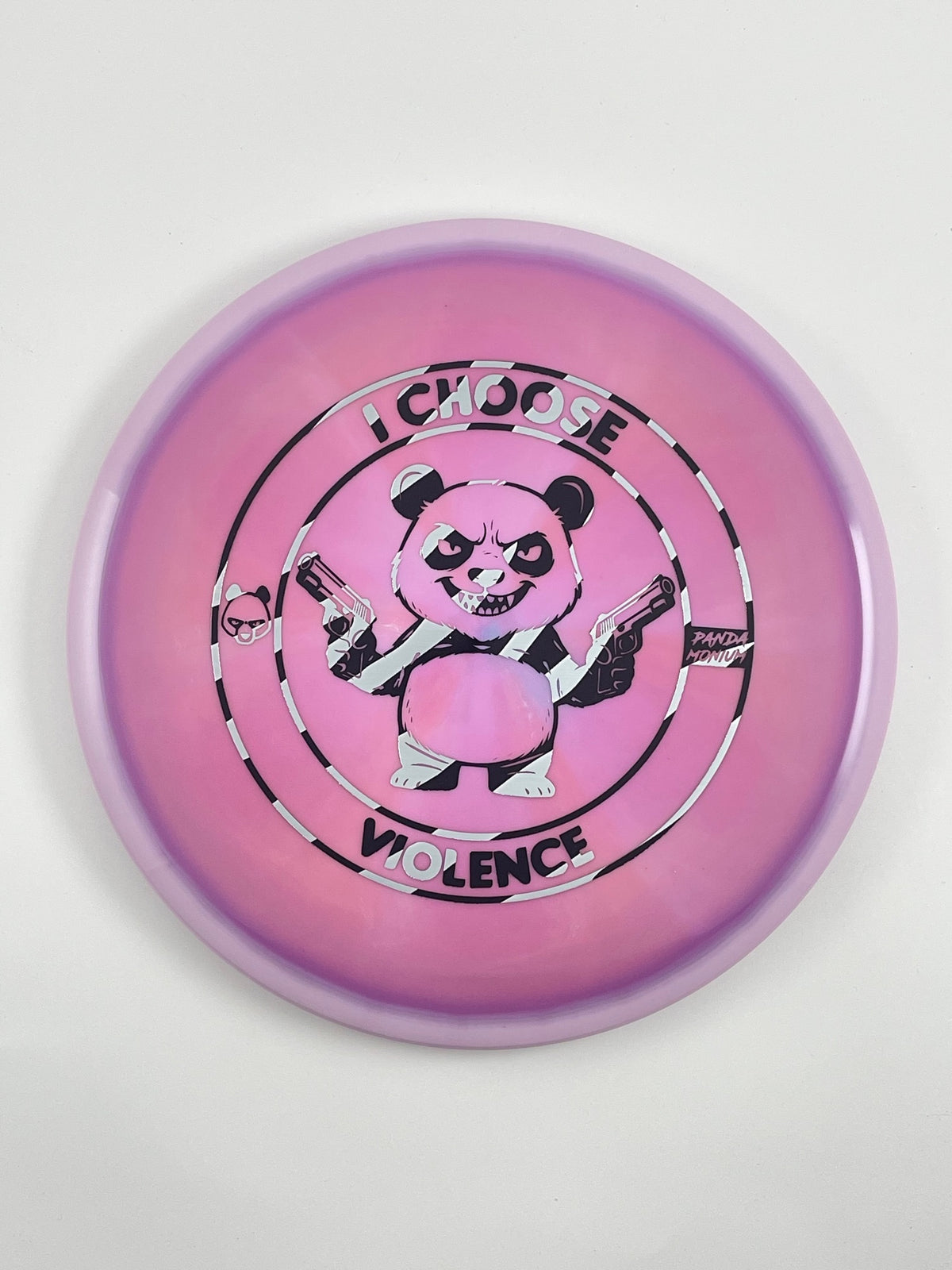 Discraft Buzzz disc golf midrange in dark pink ESP plastic with Pandamonium I Choose Violence stamp