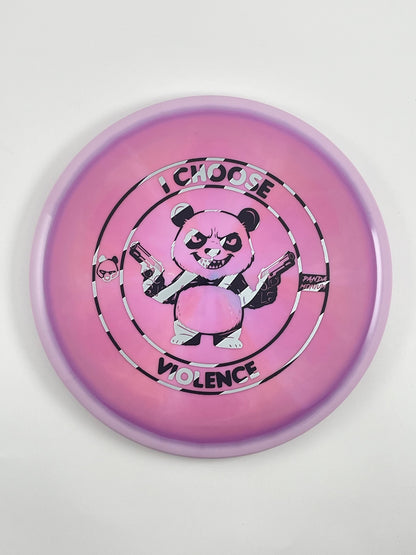 Discraft Buzzz disc golf midrange in dark pink ESP plastic with Pandamonium I Choose Violence stamp