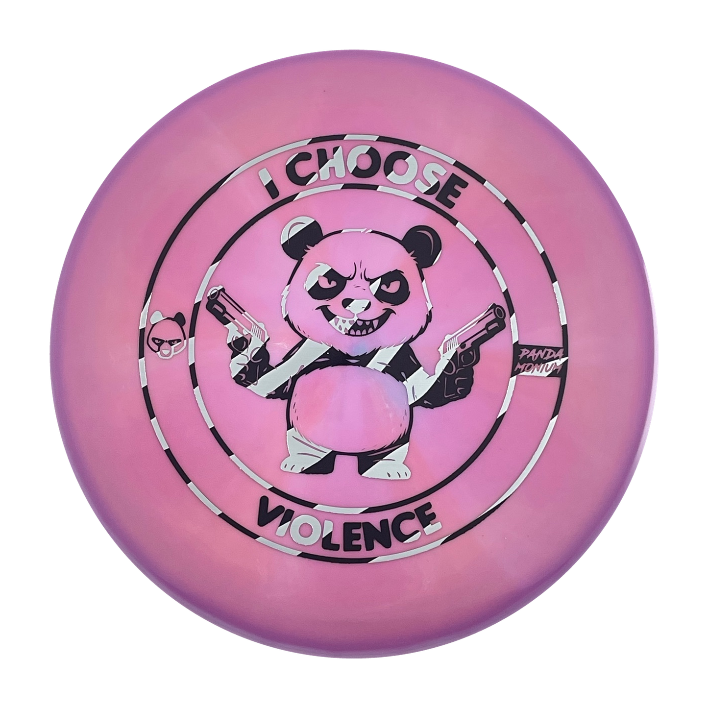 Discraft Buzzz disc golf midrange in dark pink ESP plastic with Pandamonium I Choose Violence stamp, view 1