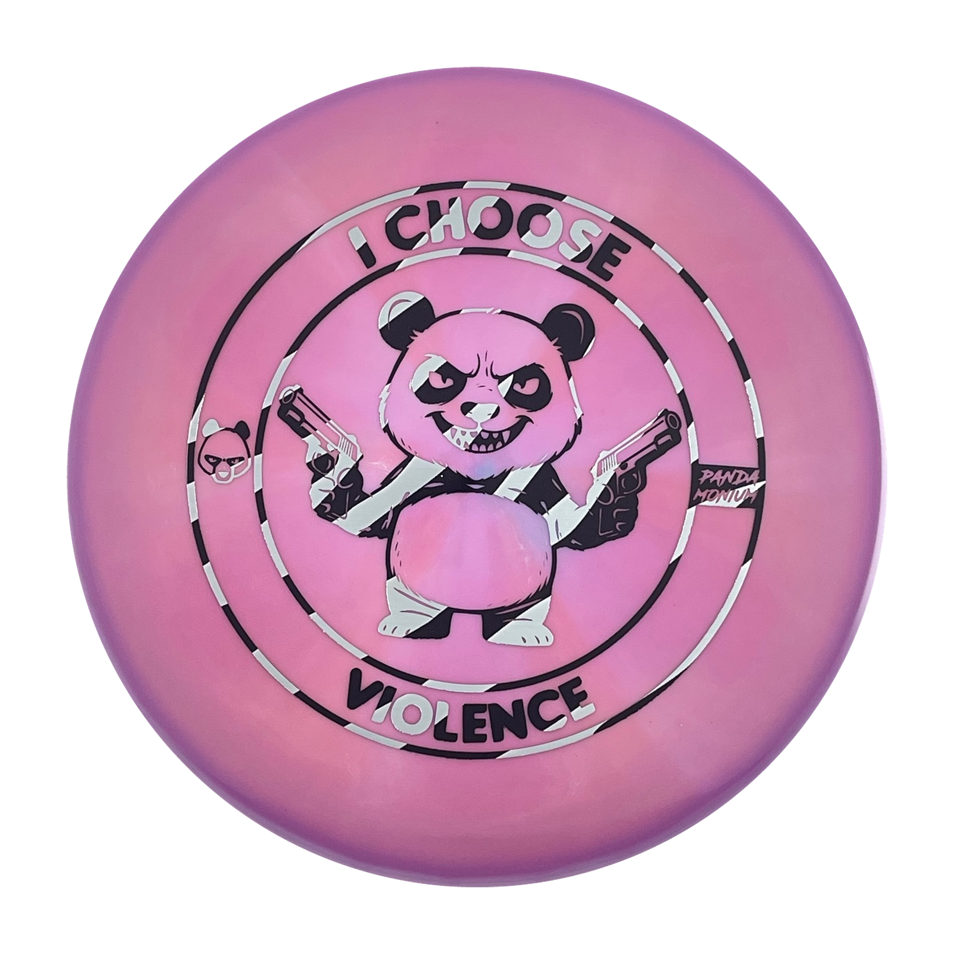Discraft Buzzz disc golf midrange in dark pink ESP plastic with Pandamonium I Choose Violence stamp, view 1