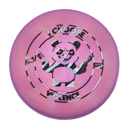 Discraft Buzzz disc golf midrange in dark pink ESP plastic with Pandamonium I Choose Violence stamp, view 1