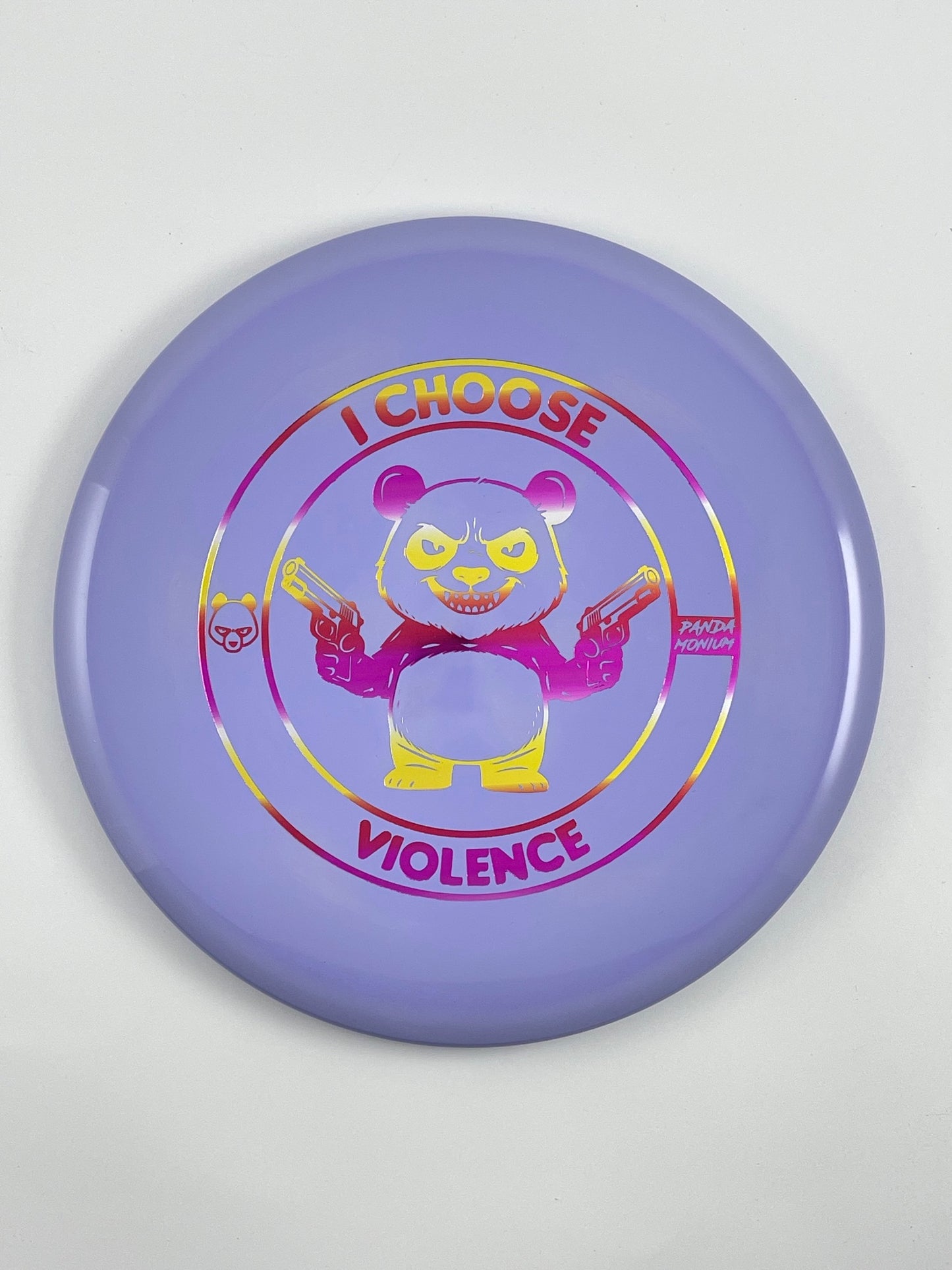 Discraft Buzzz disc golf midrange in lilac ESP plastic with Pandamonium I Choose Violence stamp