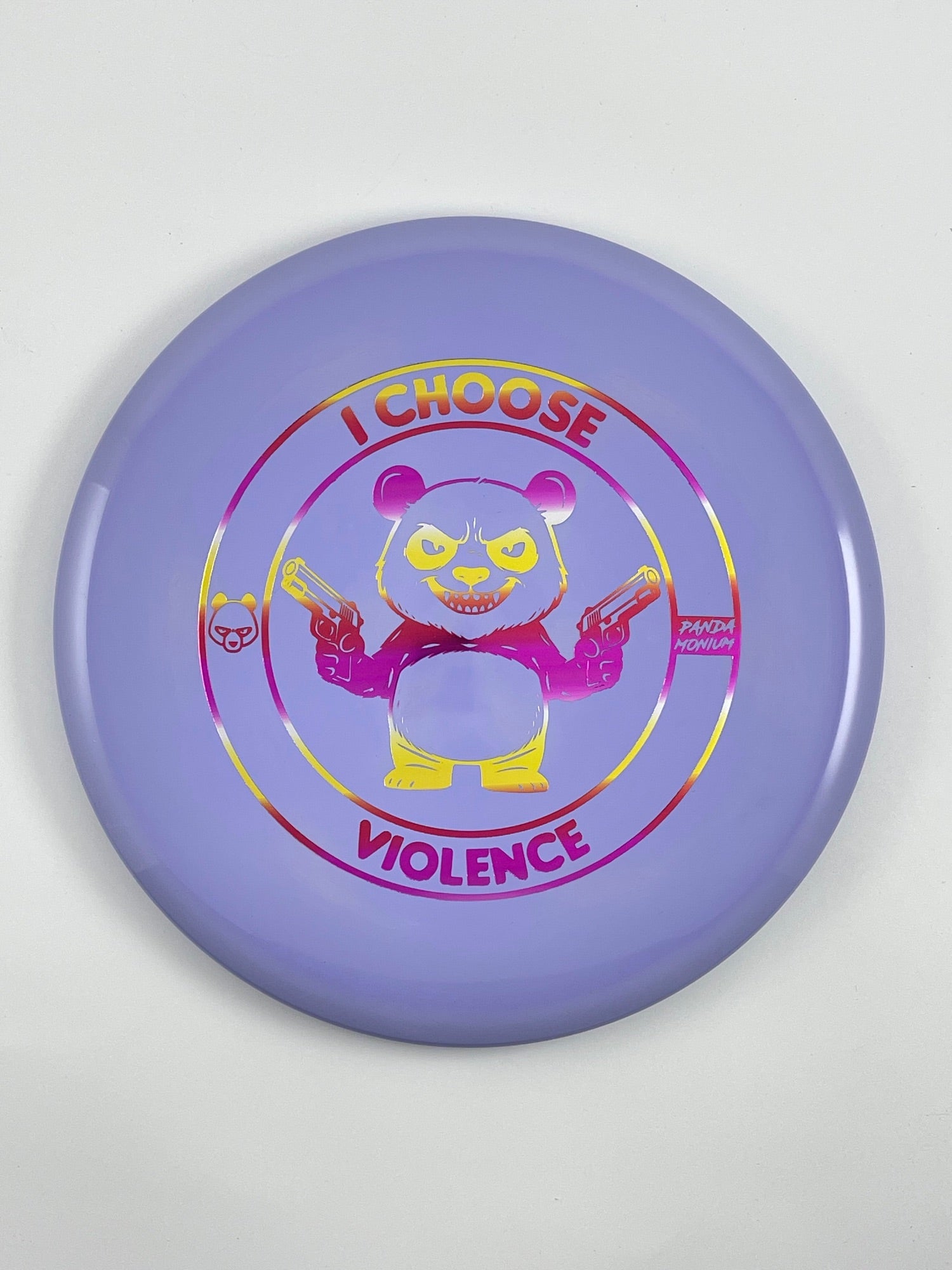 Discraft Buzzz disc golf midrange in lilac ESP plastic with Pandamonium I Choose Violence stamp
