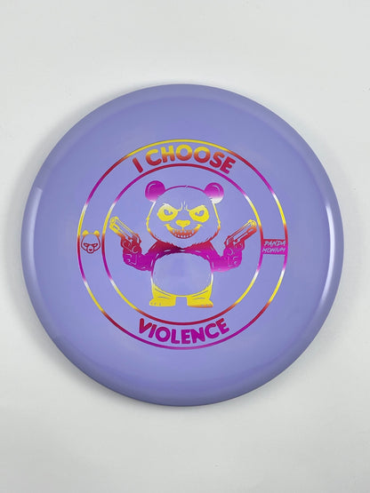 Discraft Buzzz disc golf midrange in lilac ESP plastic with Pandamonium I Choose Violence stamp