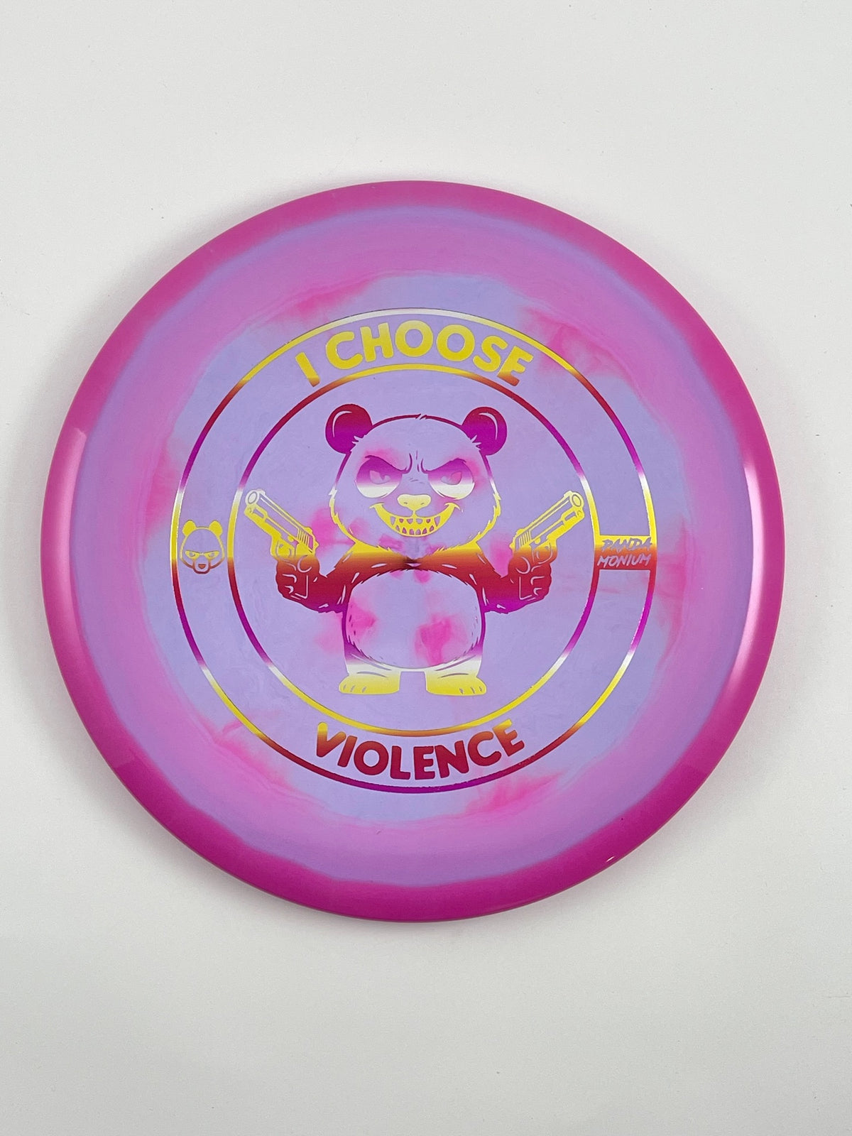 Discraft Buzzz disc golf midrange in magenta swirl ESP plastic with Pandamonium I Choose Violence stamp