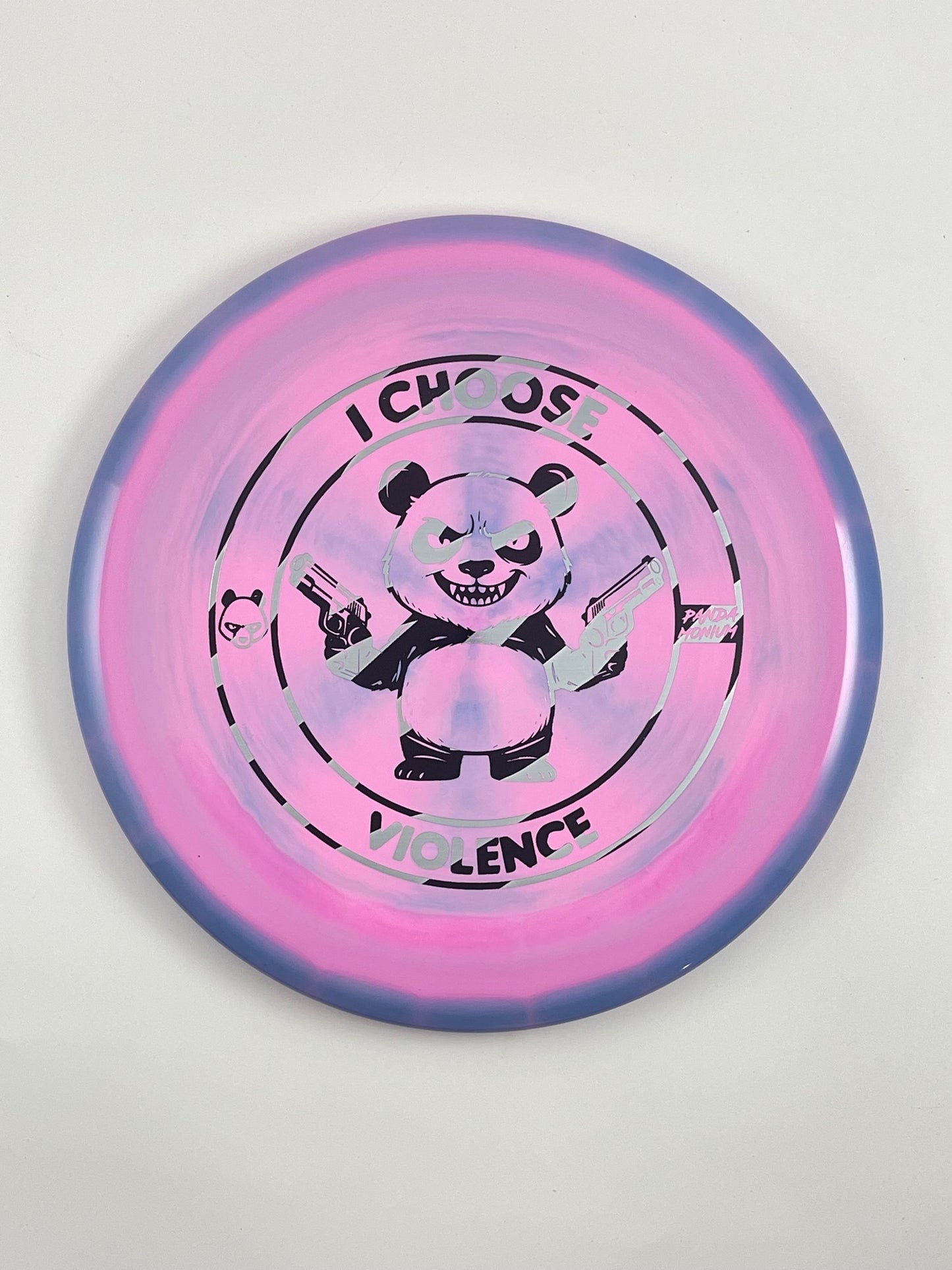 Discraft Buzzz disc golf midrange in pink blue swirl ESP plastic with Pandamonium I Choose Violence stamp