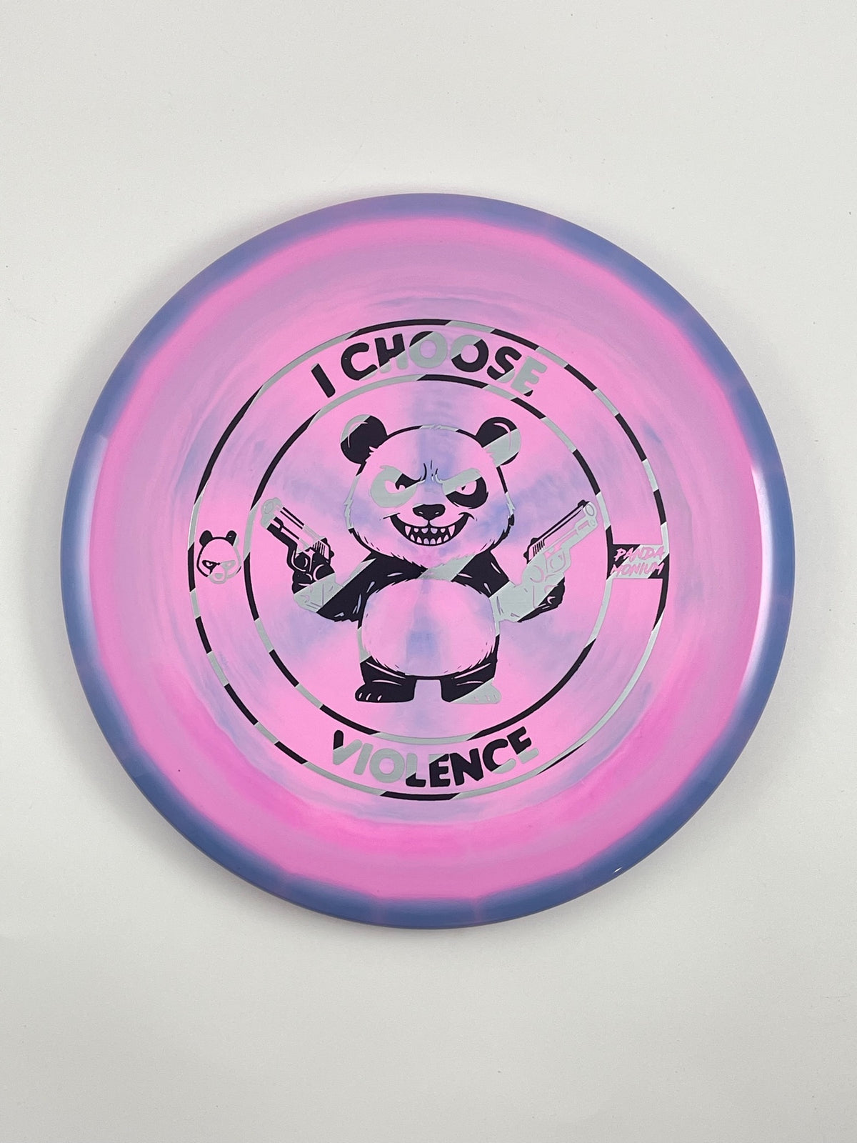 Discraft Buzzz disc golf midrange in pink blue swirl ESP plastic with Pandamonium I Choose Violence stamp