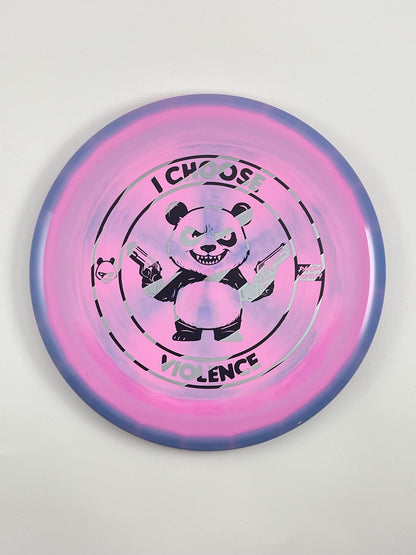 Discraft Buzzz disc golf midrange in pink blue swirl ESP plastic with Pandamonium I Choose Violence stamp