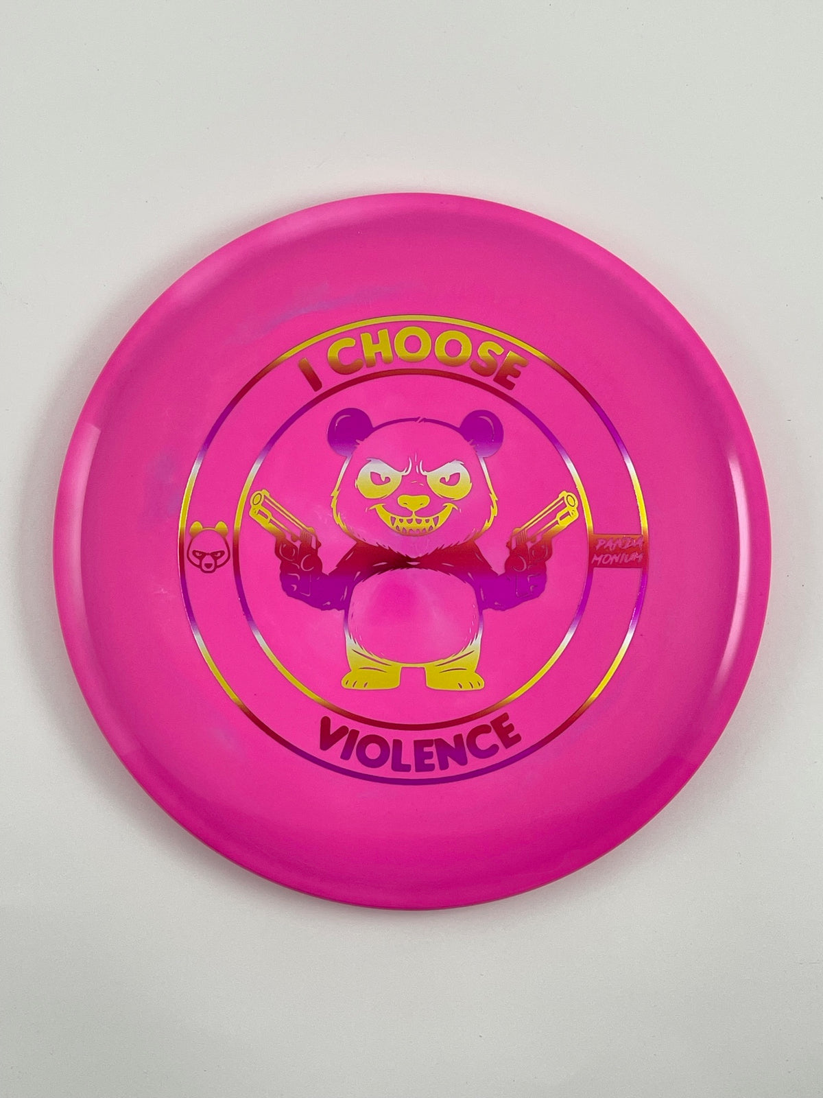 Discraft Buzzz disc golf midrange in pink swirl ESP plastic with Pandamonium I Choose Violence stamp