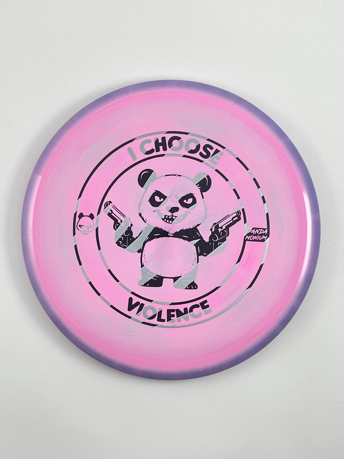 Discraft Buzzz disc golf midrange in purple pink ESP plastic with Pandamonium I Choose Violence stamp