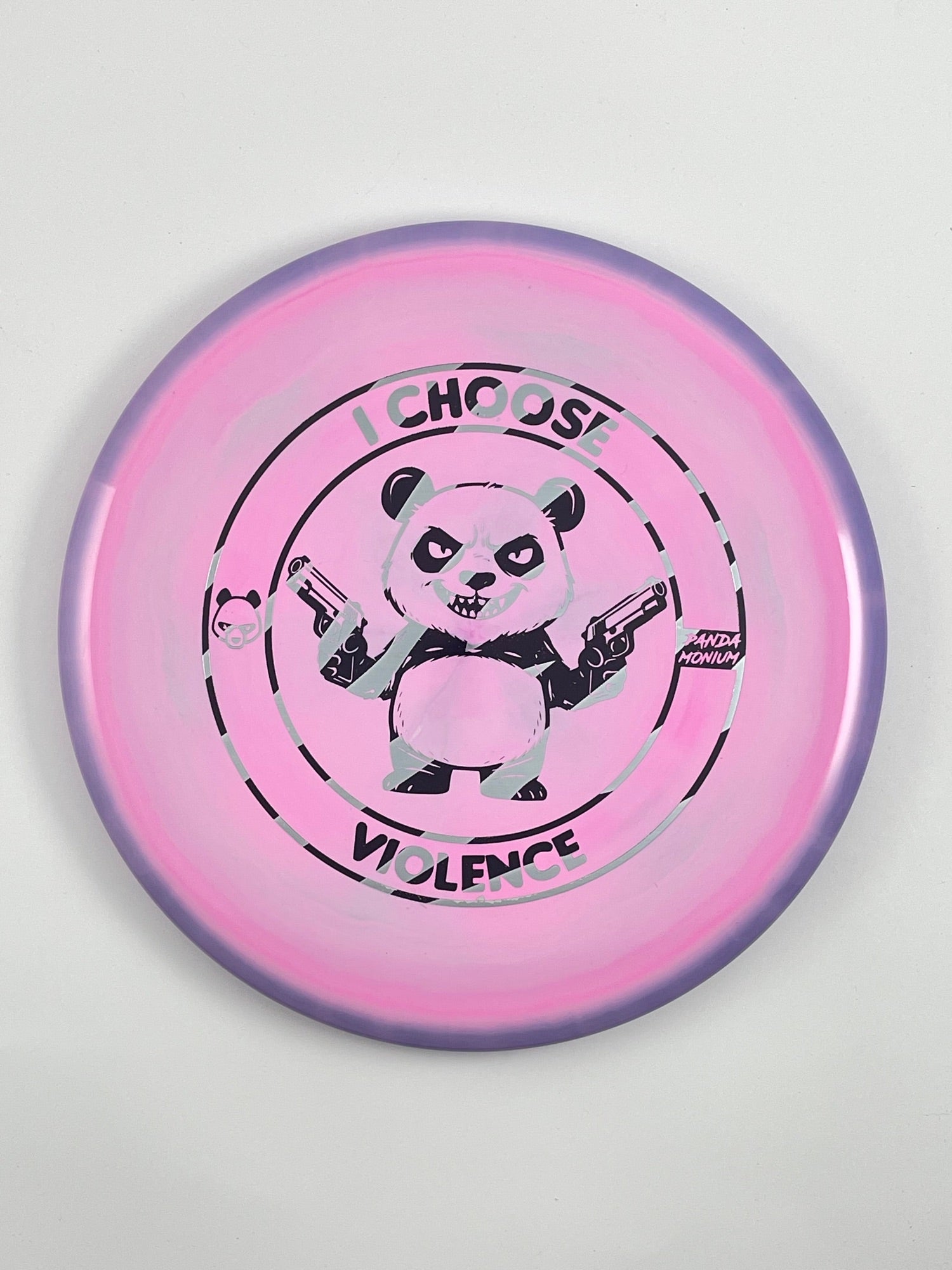 Discraft Buzzz disc golf midrange in purple pink ESP plastic with Pandamonium I Choose Violence stamp