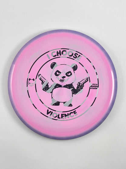 Discraft Buzzz disc golf midrange in purple pink ESP plastic with Pandamonium I Choose Violence stamp