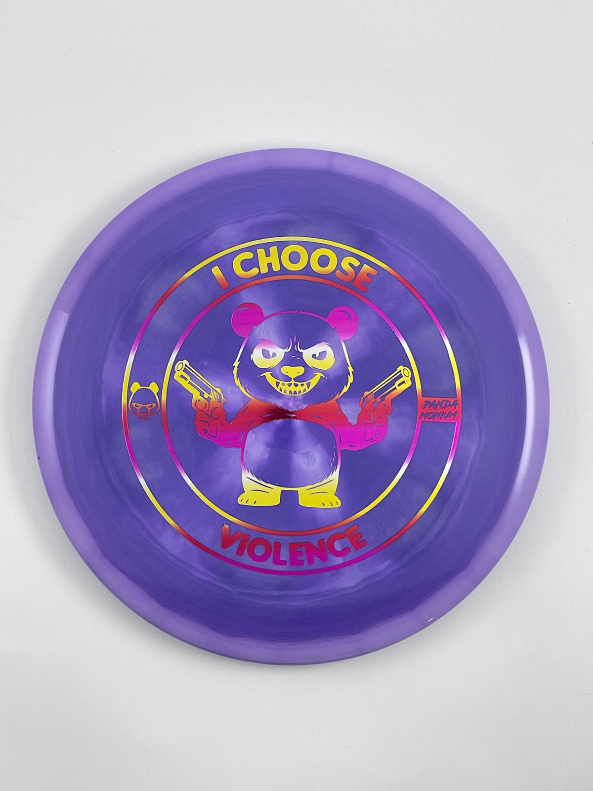 Discraft Buzzz disc golf midrange in purple ESP plastic with Pandamonium I Choose Violence stamp