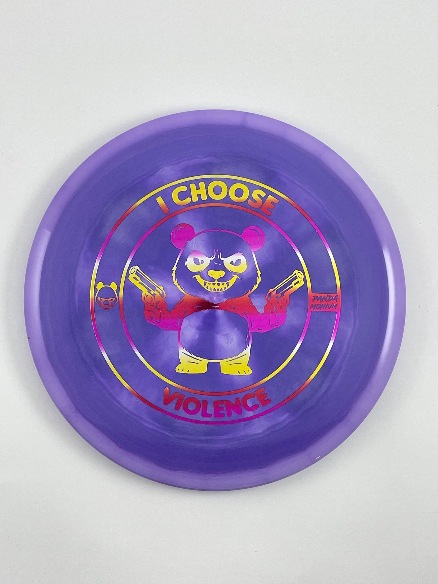 Discraft Buzzz disc golf midrange in purple ESP plastic with Pandamonium I Choose Violence stamp