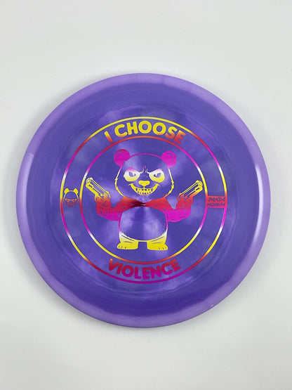 Discraft Buzzz disc golf midrange in purple ESP plastic with Pandamonium I Choose Violence stamp
