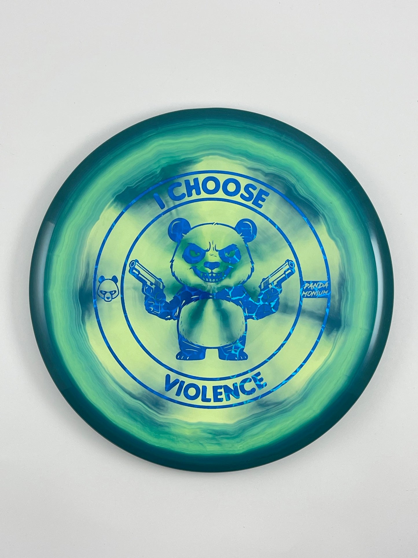 Discraft Buzzz SS disc golf midrange in blue and green ESP plastic with Pandamonium I Choose Violence stamp