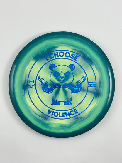 Discraft Buzzz SS disc golf midrange in blue and green ESP plastic with Pandamonium I Choose Violence stamp