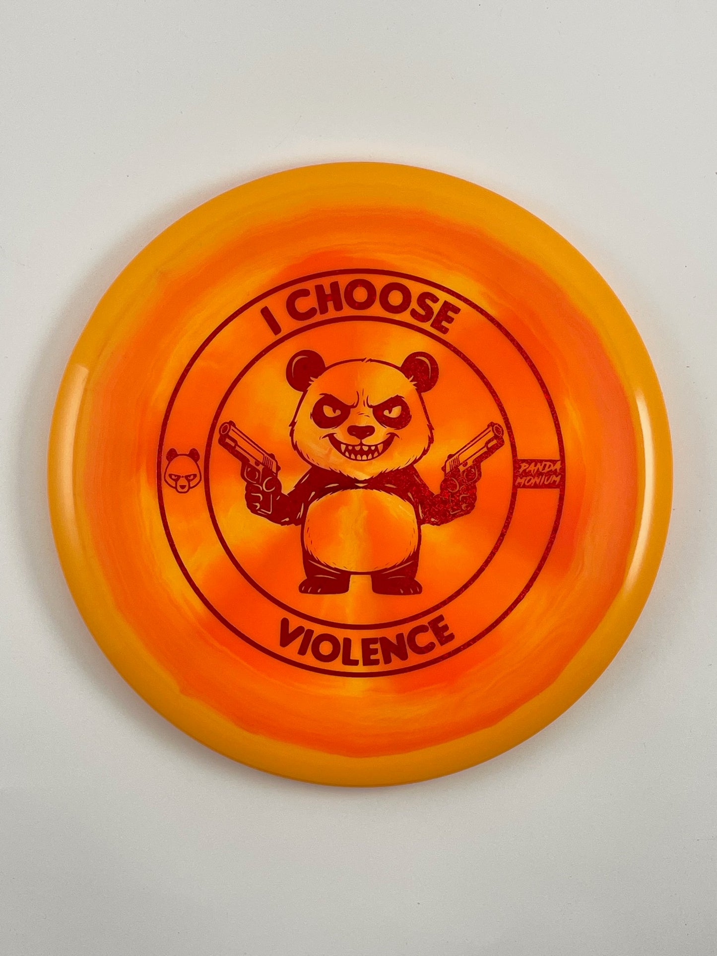Discraft Buzzz SS disc golf midrange in orange ESP plastic with Pandamonium I Choose Violence stamp