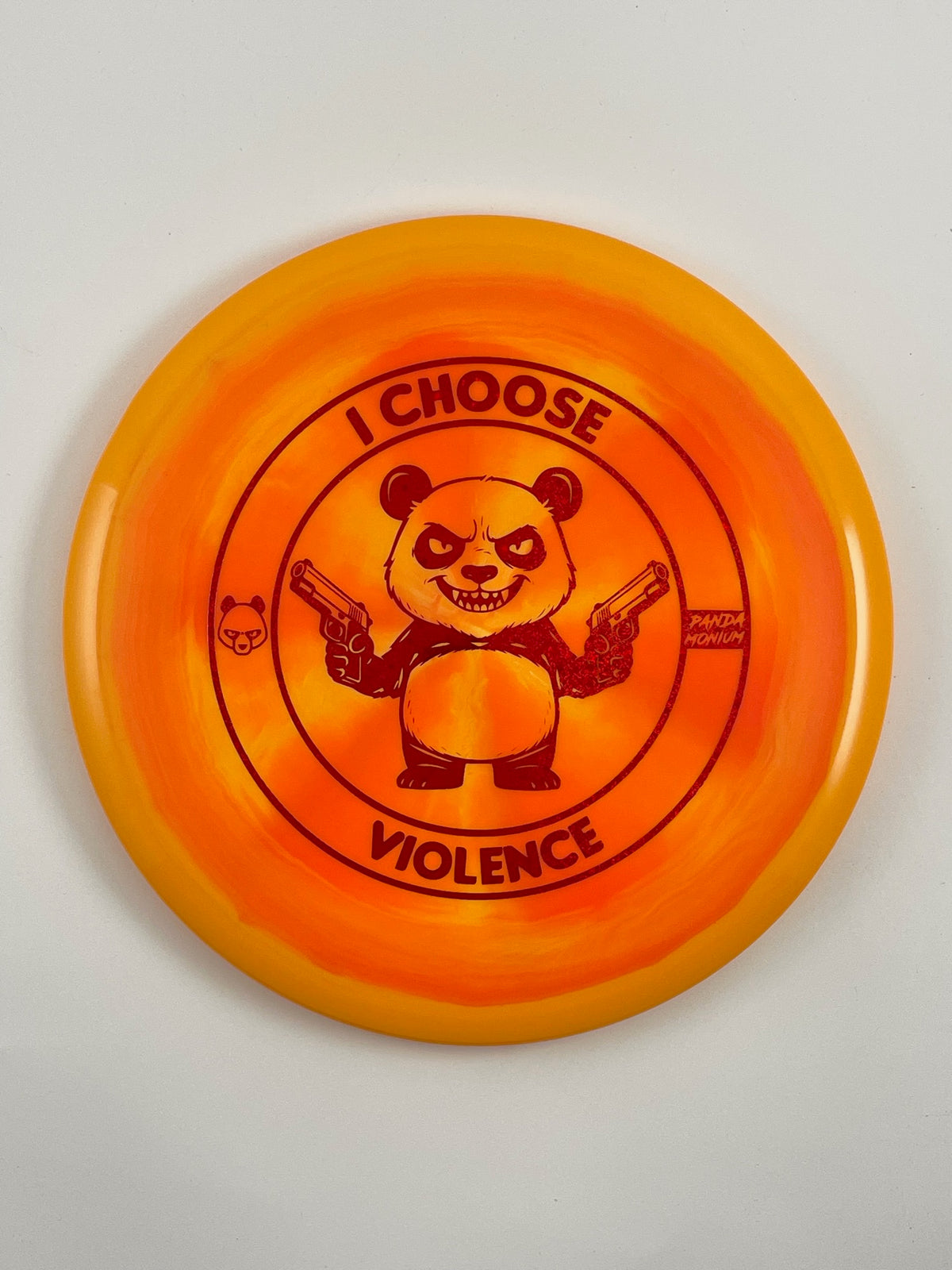 Discraft Buzzz SS disc golf midrange in orange ESP plastic with Pandamonium I Choose Violence stamp
