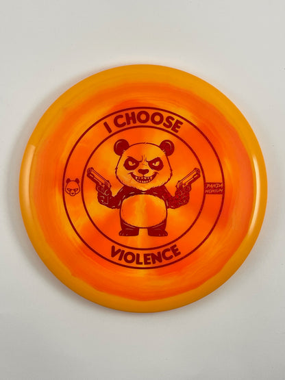 Discraft Buzzz SS disc golf midrange in orange ESP plastic with Pandamonium I Choose Violence stamp