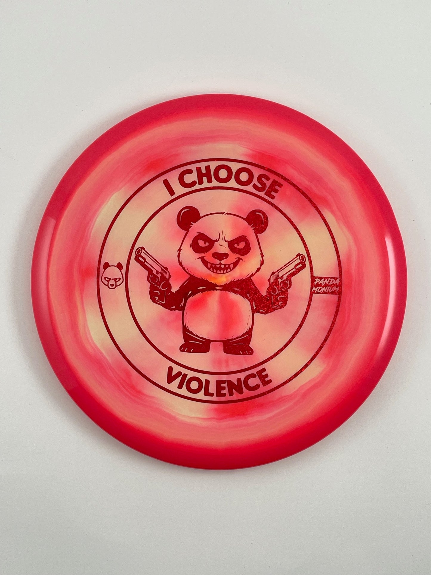 Discraft Buzzz SS disc golf midrange in pink swirl ESP plastic with Pandamonium I Choose Violence stamp