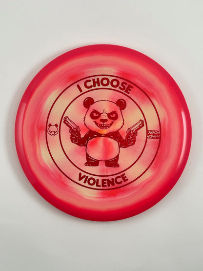 Discraft Buzzz SS disc golf midrange in pink swirl ESP plastic with Pandamonium I Choose Violence stamp