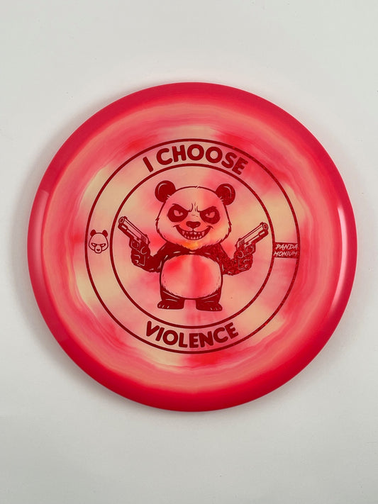 Discraft Buzzz SS disc golf midrange in pink swirl ESP plastic with Pandamonium I Choose Violence stamp