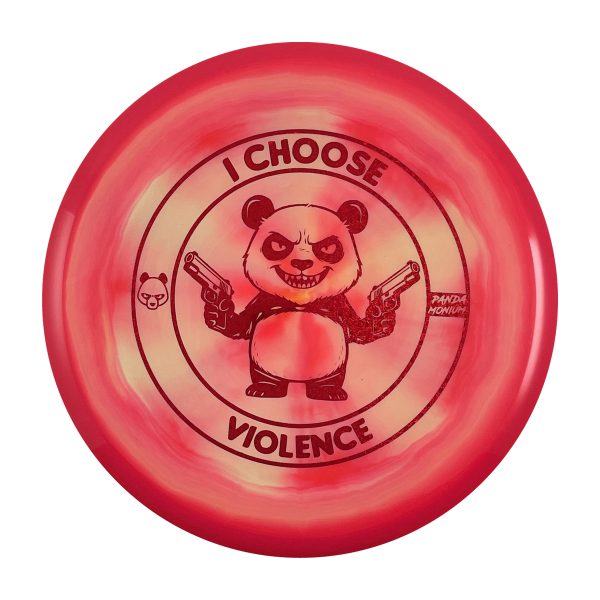 Discraft Buzzz SS disc golf midrange in pink swirl ESP plastic with Pandamonium I Choose Violence stamp, view 1
