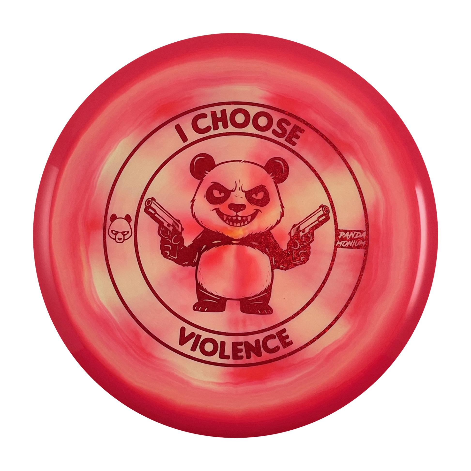 Discraft Buzzz SS disc golf midrange in pink swirl ESP plastic with Pandamonium I Choose Violence stamp, view 1
