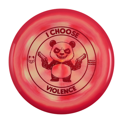 Discraft Buzzz SS disc golf midrange in pink swirl ESP plastic with Pandamonium I Choose Violence stamp, view 1