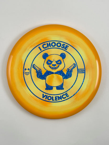 Discraft Buzzz SS disc golf midrange in yellow and orange ESP plastic with Pandamonium I Choose Violence stamp