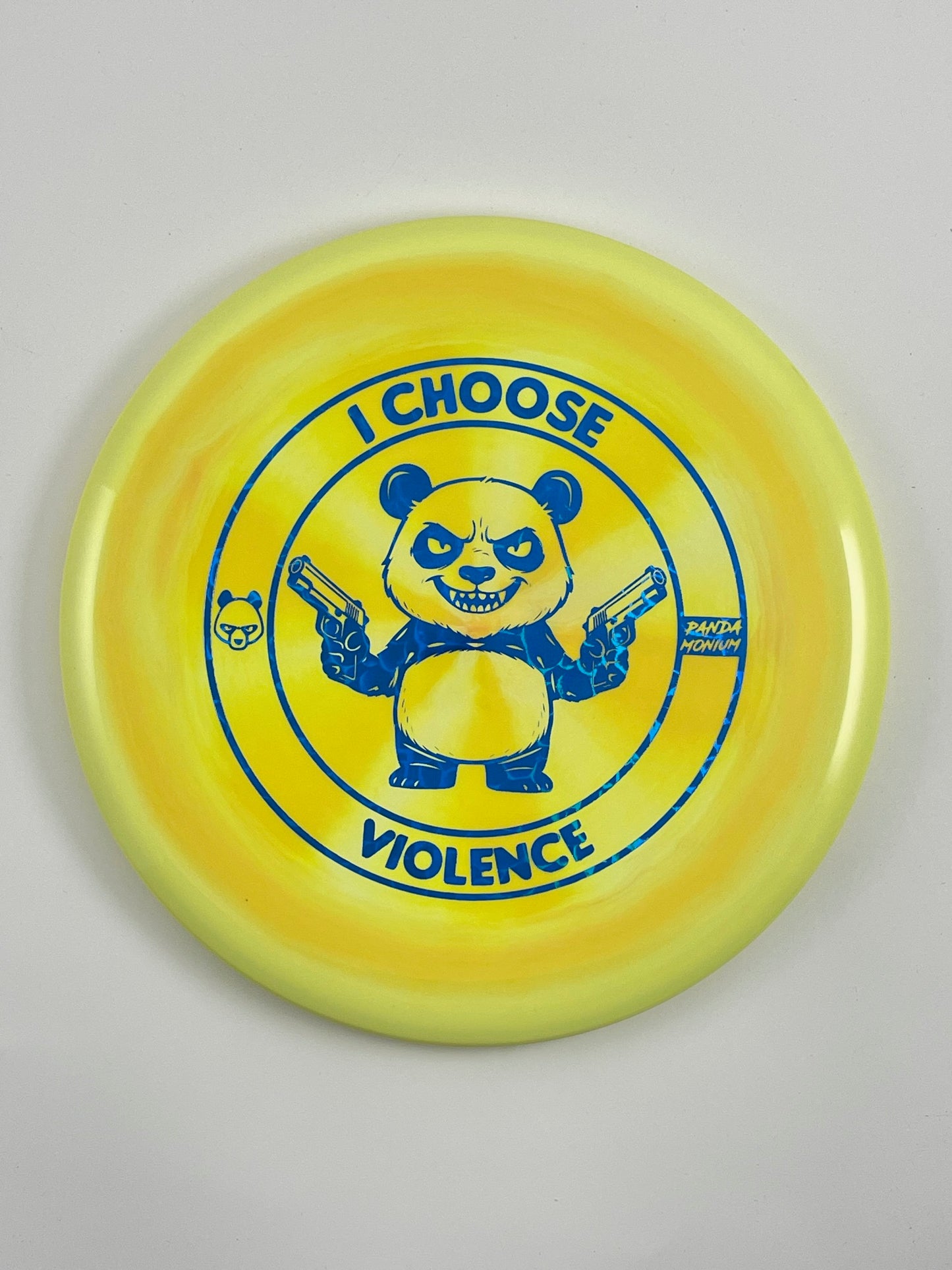 Discraft Buzzz SS disc golf midrange in yellow ESP plastic with Pandamonium I Choose Violence stamp