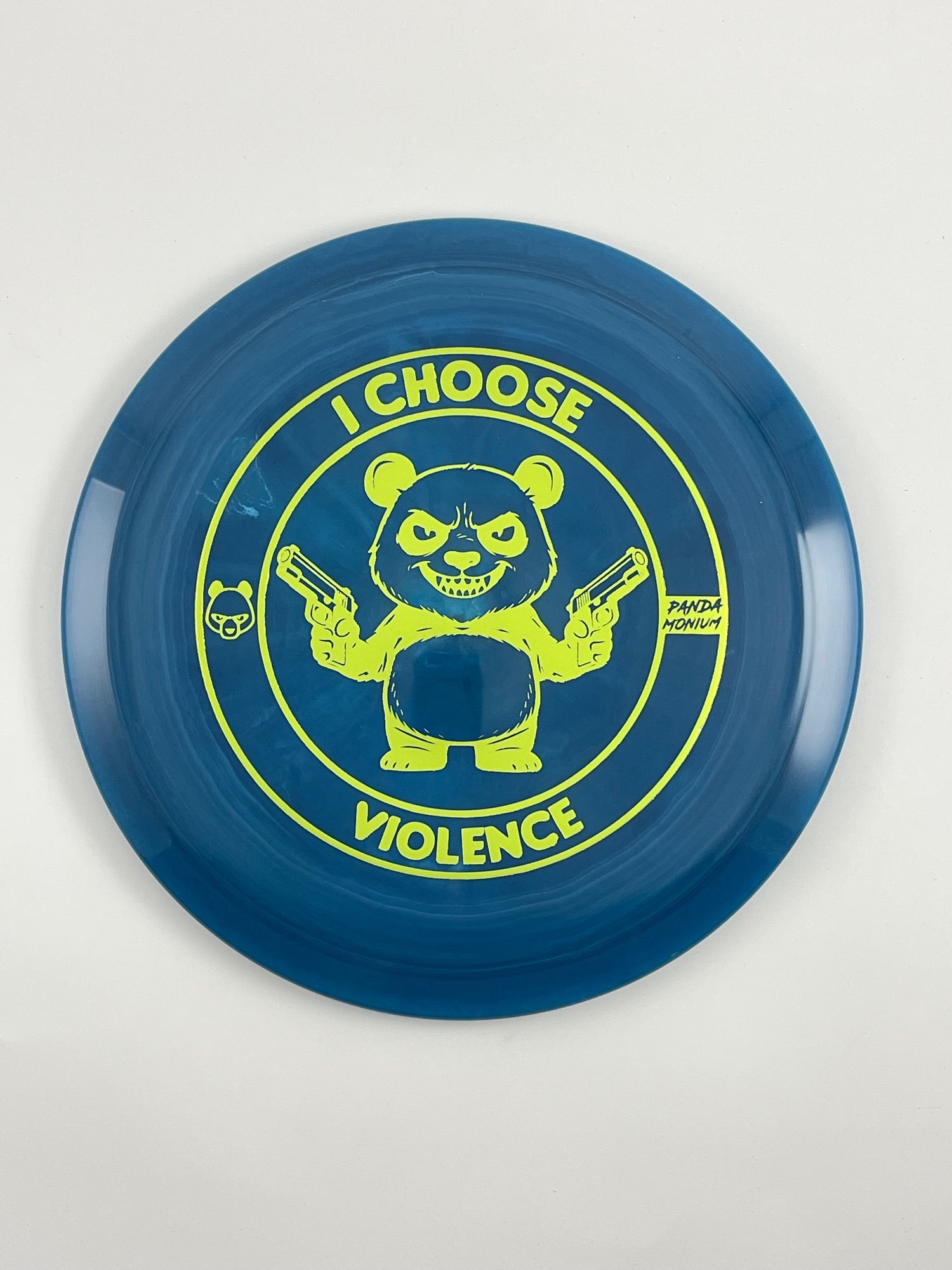 Discraft Cicada disc golf fairway driver in dark blue ESP plastic with Pandamonium I Choose Violence stamp