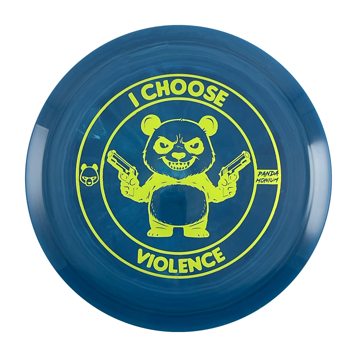 Discraft Cicada disc golf fairway driver in dark blue ESP plastic with Pandamonium I Choose Violence stamp, view 1