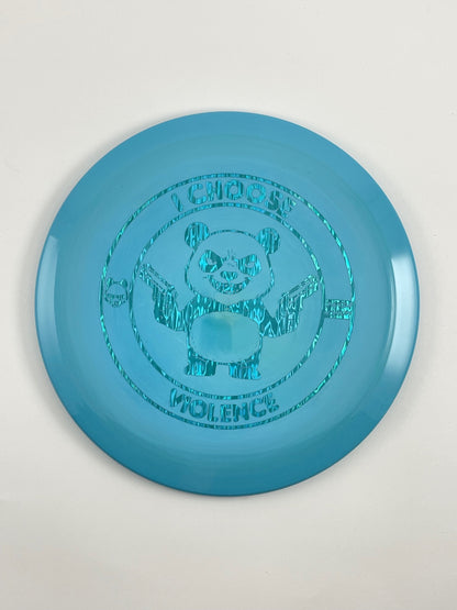 Discraft Cicada disc golf fairway driver in light blue ESP plastic with Pandamonium I Choose Violence stamp