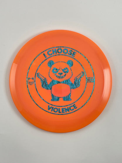 Discraft Cicada disc golf fairway driver in orange ESP plastic with Pandamonium I Choose Violence stamp