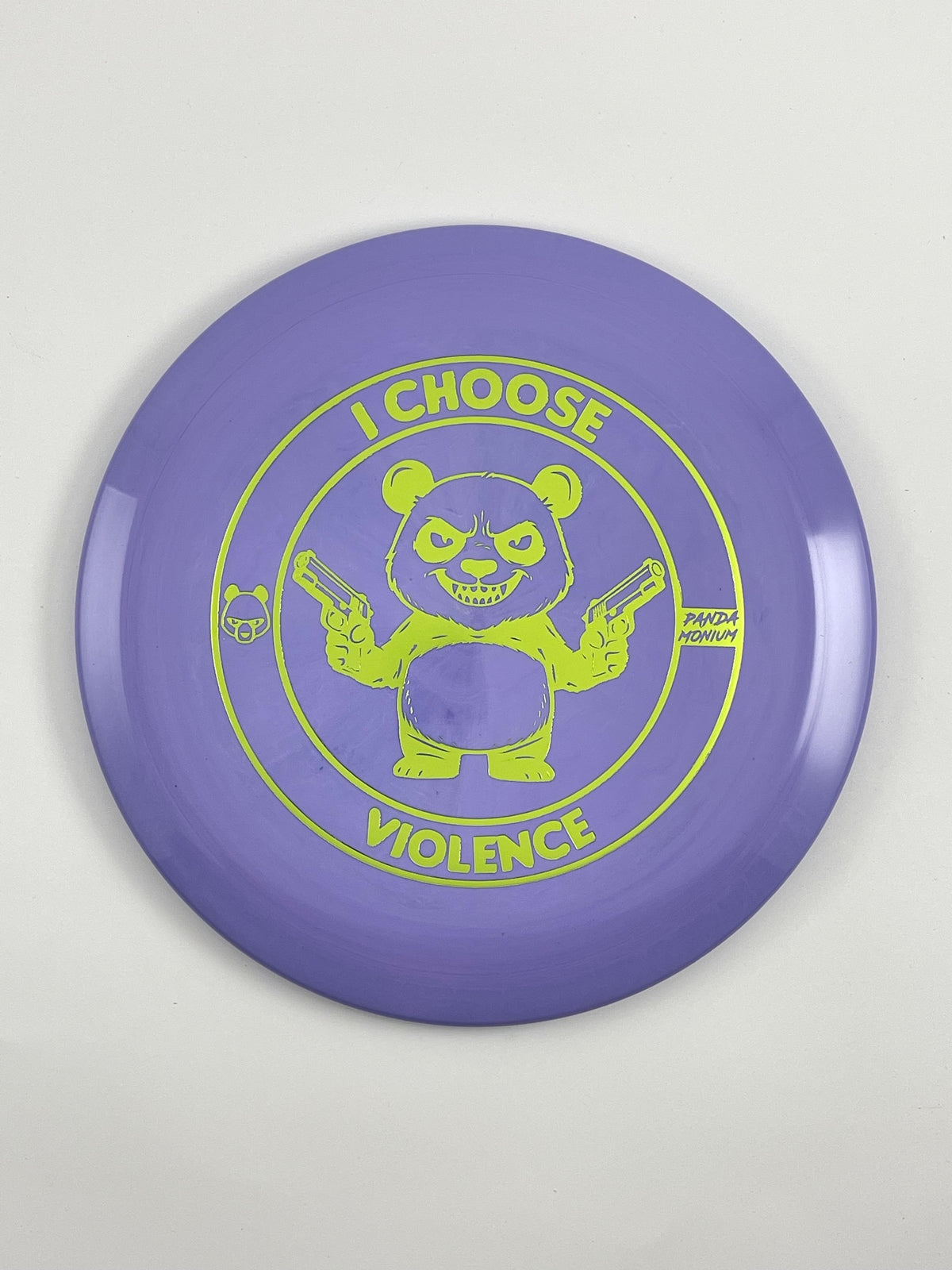 Discraft Cicada disc golf fairway driver in purple ESP plastic with Pandamonium I Choose Violence stamp